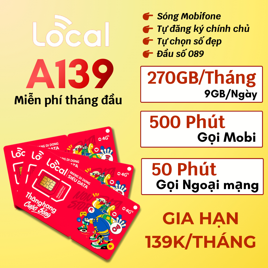 Sim Local Mobi A139 / A159 / A45F - Sẵn gói data + Gọi ngoại mạng - Tự đăng ký chính chủ - Có esim &