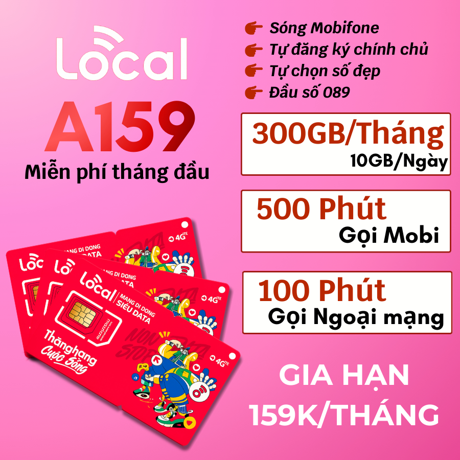 Sim Local Mobi A139 / A159 / A45F - Sẵn gói data + Gọi ngoại mạng tháng đầu - Tự đăng ký chính chủ -