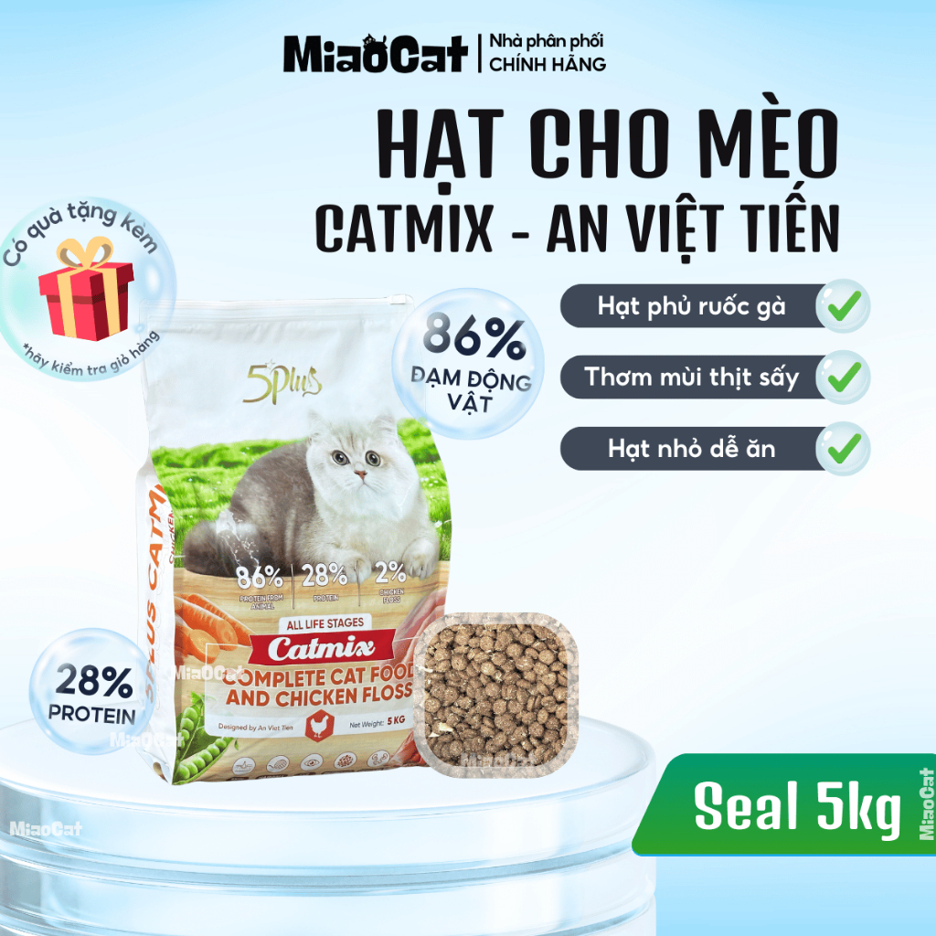 Hạt cho mèo 5PLUS Catmix phủ ruốc gà - 28% Protein, cho mèo mọi lứa tuổi