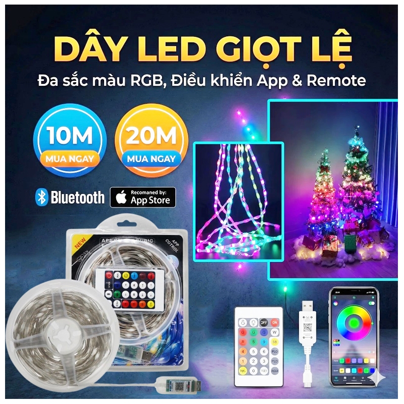 Đèn Led giọt lệ, Dây Đèn Led đuổi ARGB 10M,20M Cổng USB 16 Triệu Màu Nháy Theo Nhạc, Chống Nước, Điề