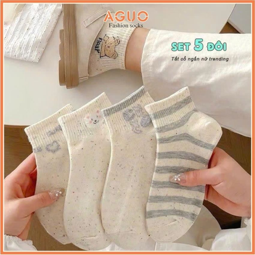 Tất nữ cổ ngắn set 5 đôi màu muối tiêu họa tiết đơn giản dễ phối đồ - Aguo shop