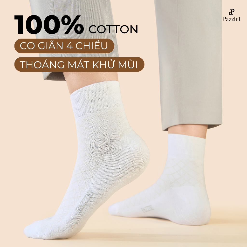 Tất vớ nam nữ cổ trung trơn PAZZINI vải cotton cao cấp, thoáng khí, khử mùi hiệu quả - VT001.