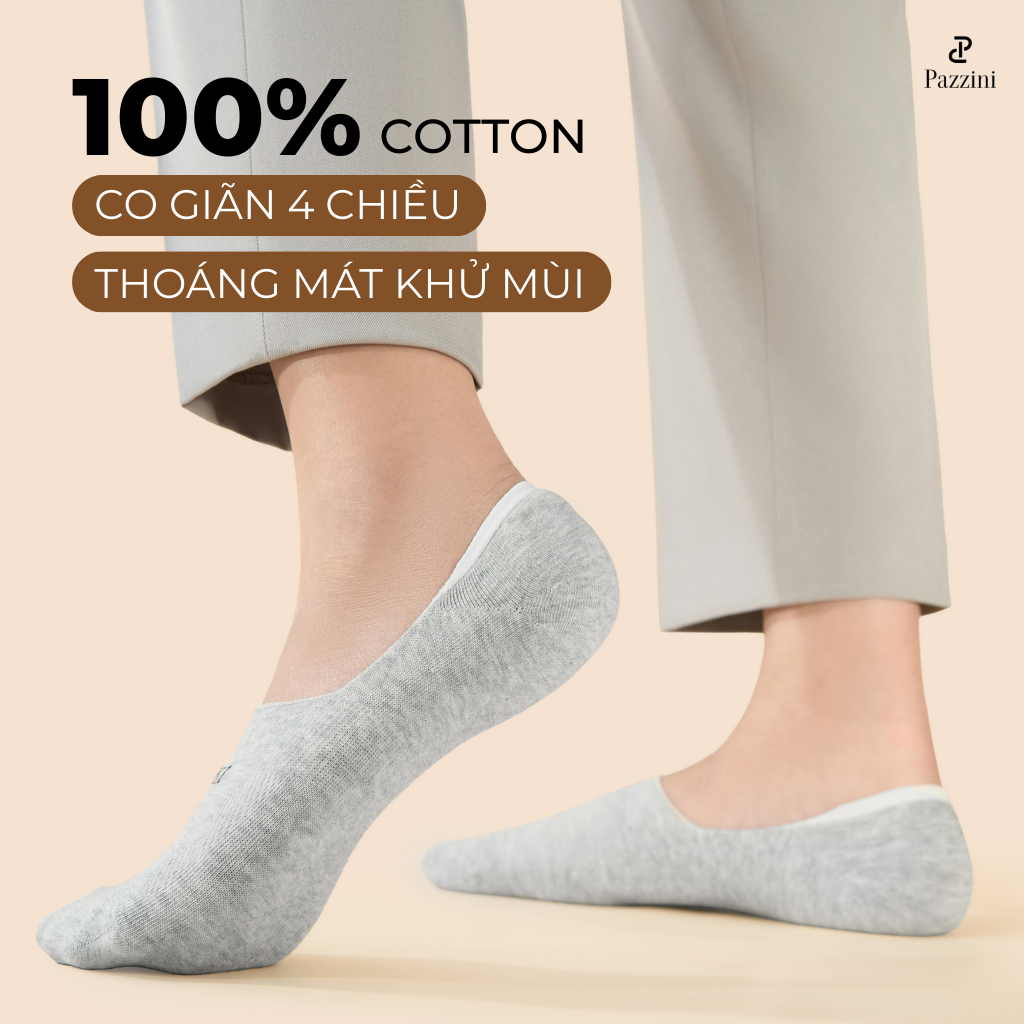 Tất lười nam nữ trơn PAZZINI có đệm cao su chống trượt, tất đi giày lười unisex, vải cotton mềm mại 