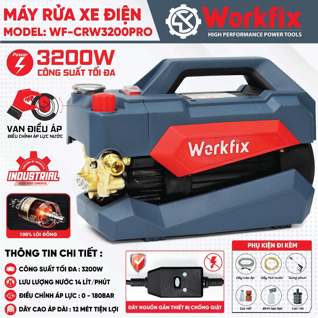 Máy rửa xe áp lực cao WORKFIX WF-CRW3200PRO, Công suất 3200W - Có chỉnh áp - Công Tắc Chống Giật