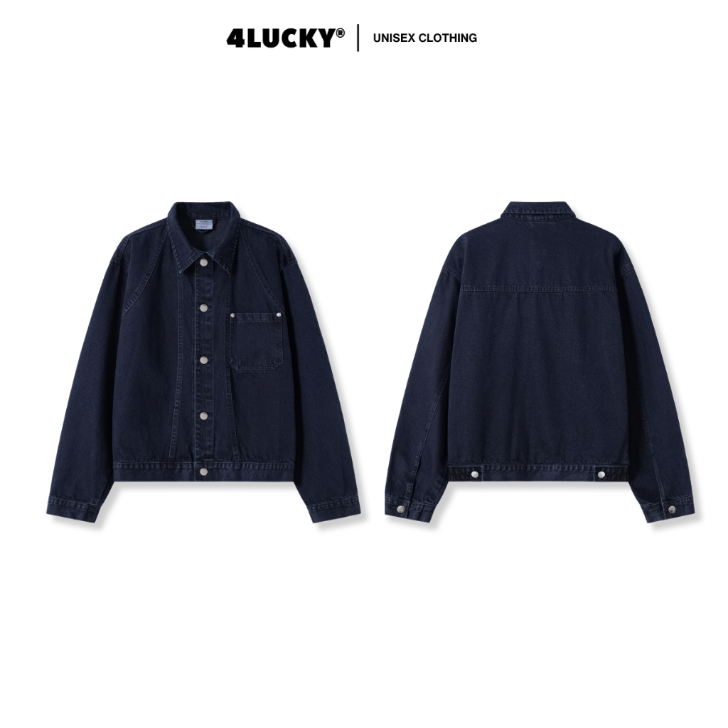 Áo Khoác Jean Phối Rã Có Túi Unisex 4Lucky 6163, Áo Khoác Denim Jacket Form Rộng Cổ Bẻ Basic Nam Nữ