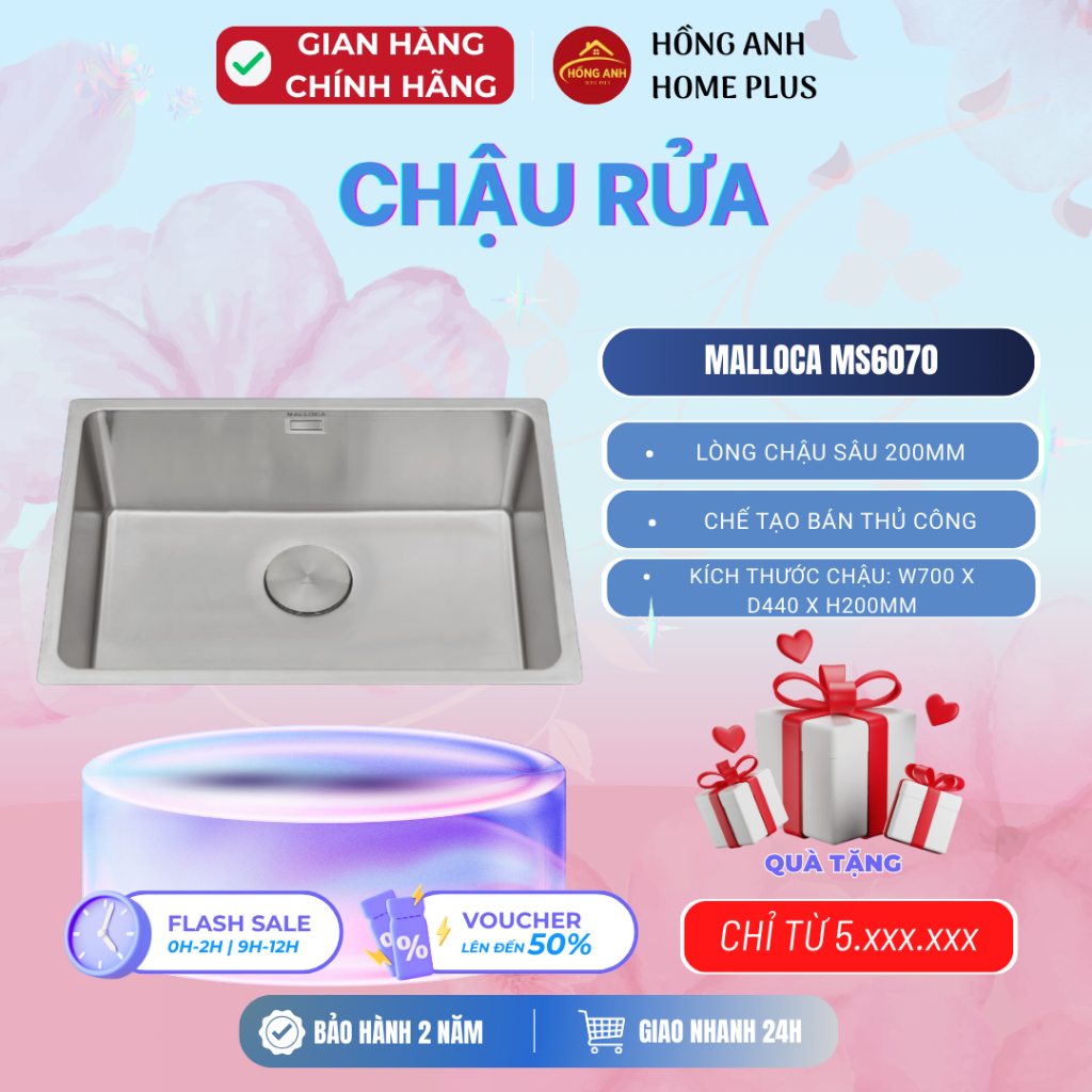 Chậu rửa bát Malloca MS6070 inox cao cấp chế tạo bán thủ công thiết kế 1 hố rộng gọn đẹp sâu 200mm