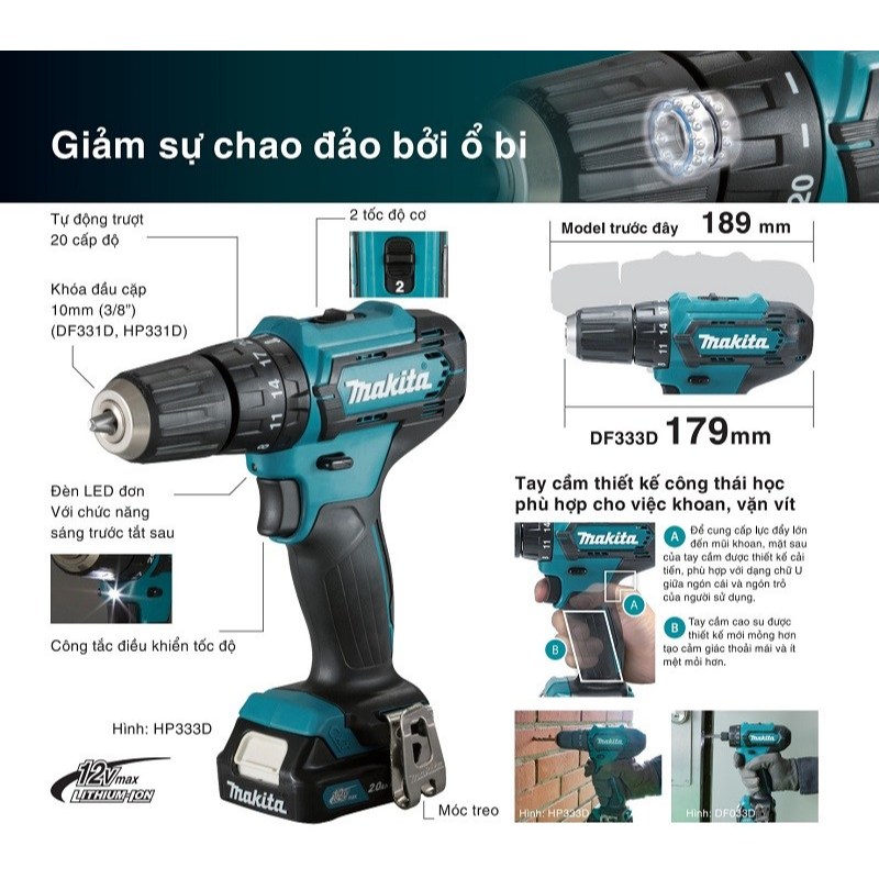 [Chính Hãng] Máy Khoan Búa Pin Makita HP333DSYE 12V Max - Bộ Máy Khoan Pin 3 Trong 1 Nhỏ Gọn