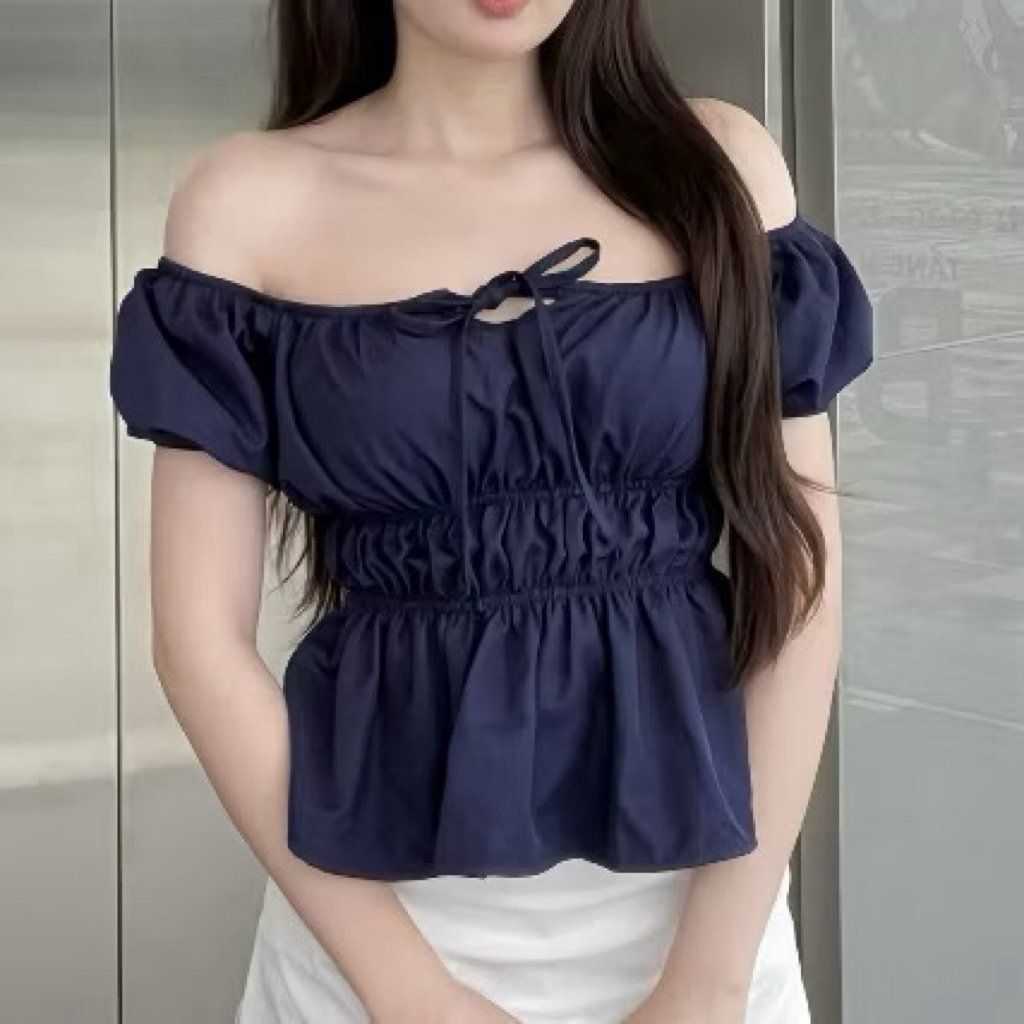 Áo Kiểu Cổ Vuông Babydoll Tay Phồng Linen Thắt Dây Ngực Bo Chun, Áo Nữ Ngắn Tay | BigBuy360 - bigbuy360.vn