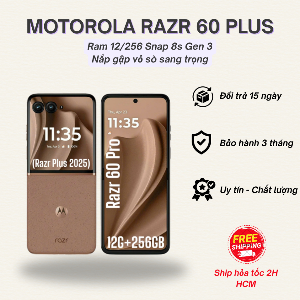 Điện thoại Motorola Razr 60 Plus 12GB 256GB Snap 8s Gen 3 - Nắp gập vỏ sò sang trọng