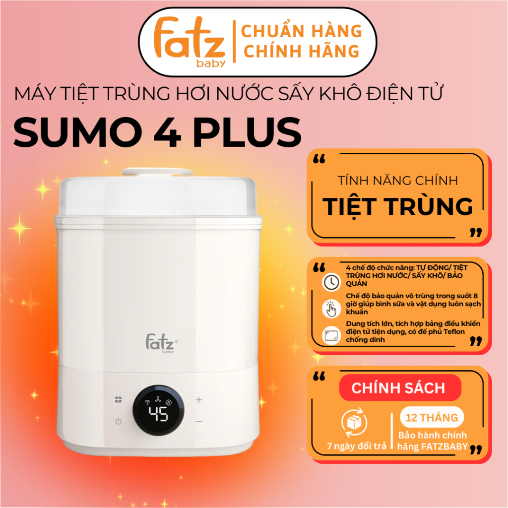 Máy tiệt trùng hơi nước sấy khô điện tử Fatzbaby Sumo 4 Plus FB4922BK, 4 chế độ, bảo quản đến 8 giờ