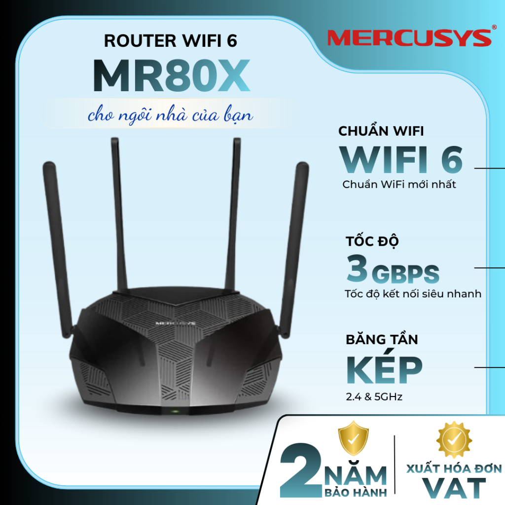 [Xả kho] Router WiFi 6 Mercusys MR80X | WiFi 6, Băng Tần Kép, Tốc Độ 3Gbps, Kết Nối 256 Thiết Bị