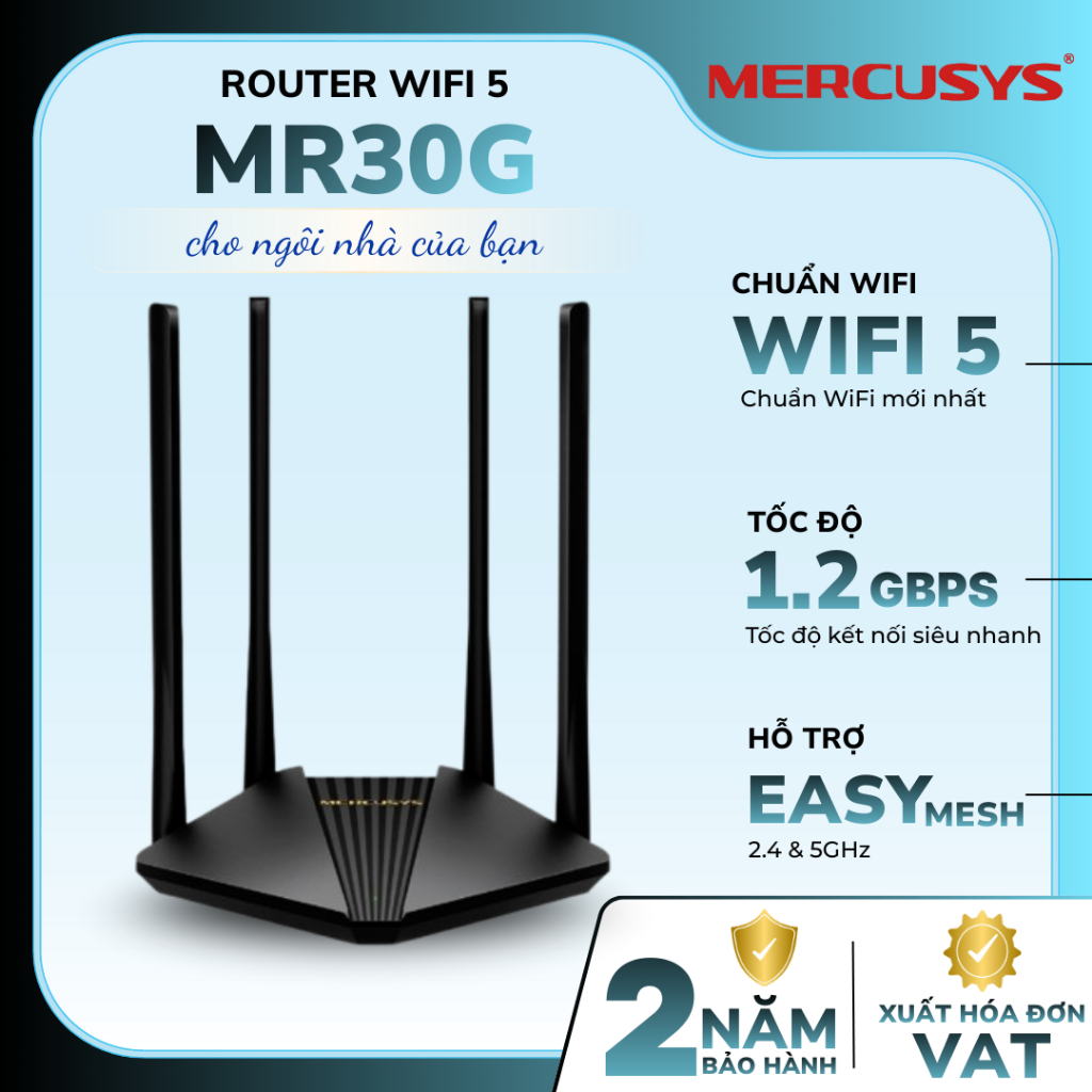 [Xả kho] Router WiFi 5 Mercusys MR30G | Băng tần kép, Chuẩn AC1200, Tốc độ 1200Mbps, Phủ sóng rộng