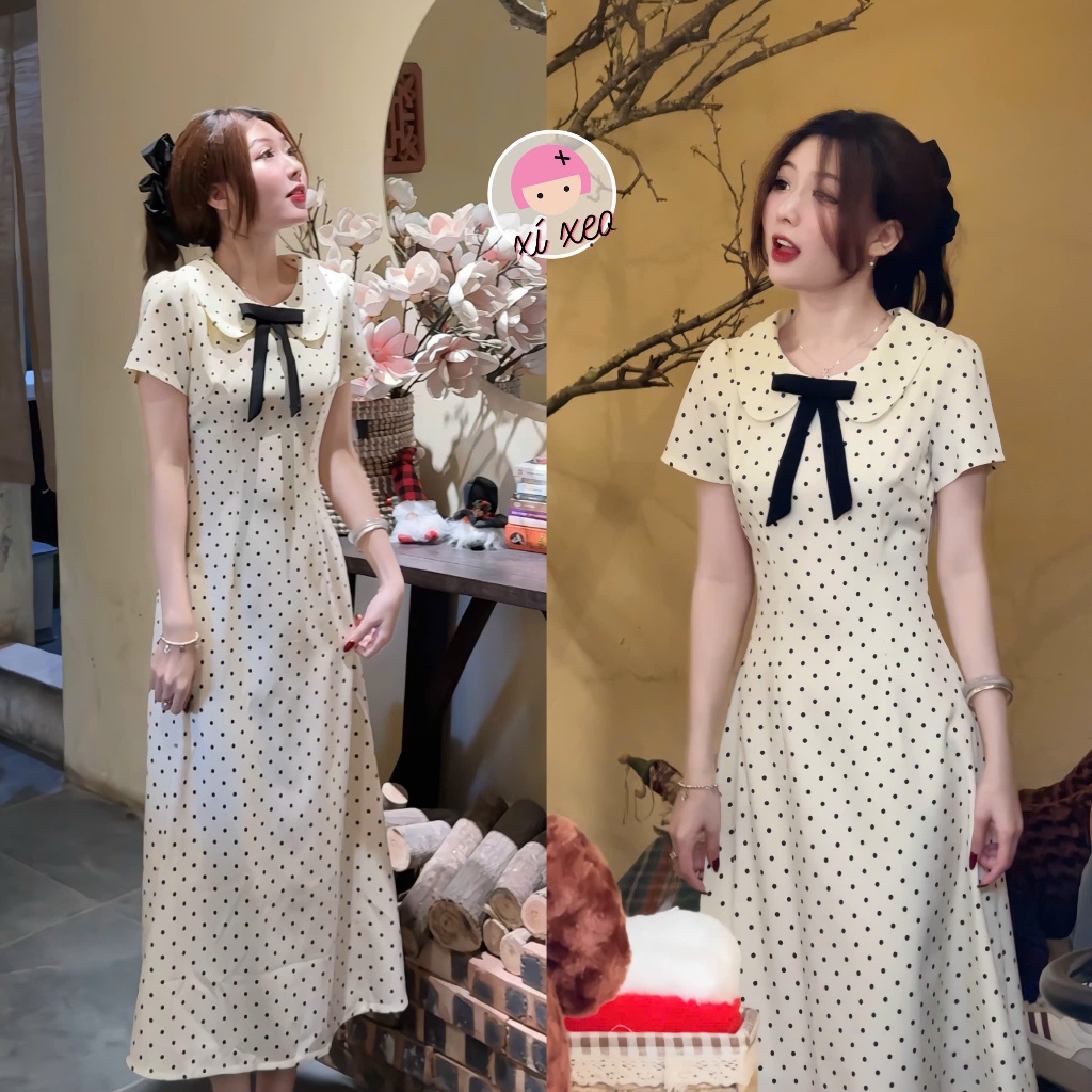 Váy chấm bi XIXEOSHOP cổ sen đính nơ họa tiết chiết eo nhẹ nhàng dáng xòe - V26, V73 | BigBuy360 - bigbuy360.vn