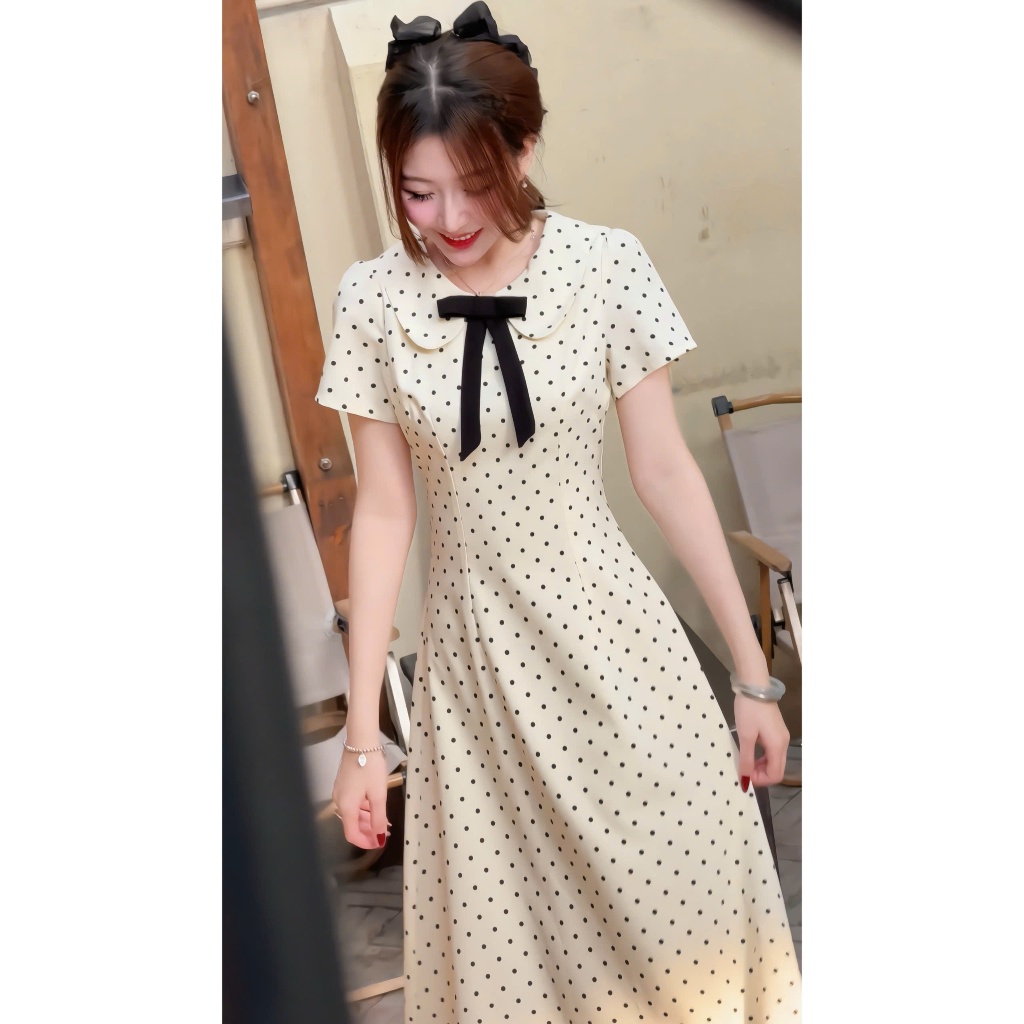 Váy chấm bi XIXEOSHOP cổ sen đính nơ họa tiết chiết eo nhẹ nhàng dáng xòe - V26, V73 | BigBuy360 - bigbuy360.vn