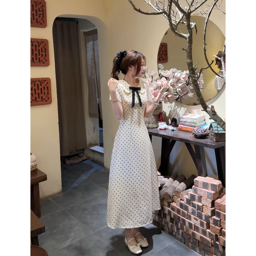 Váy chấm bi XIXEOSHOP cổ sen đính nơ họa tiết chiết eo nhẹ nhàng dáng xòe - V26, V73 | BigBuy360 - bigbuy360.vn
