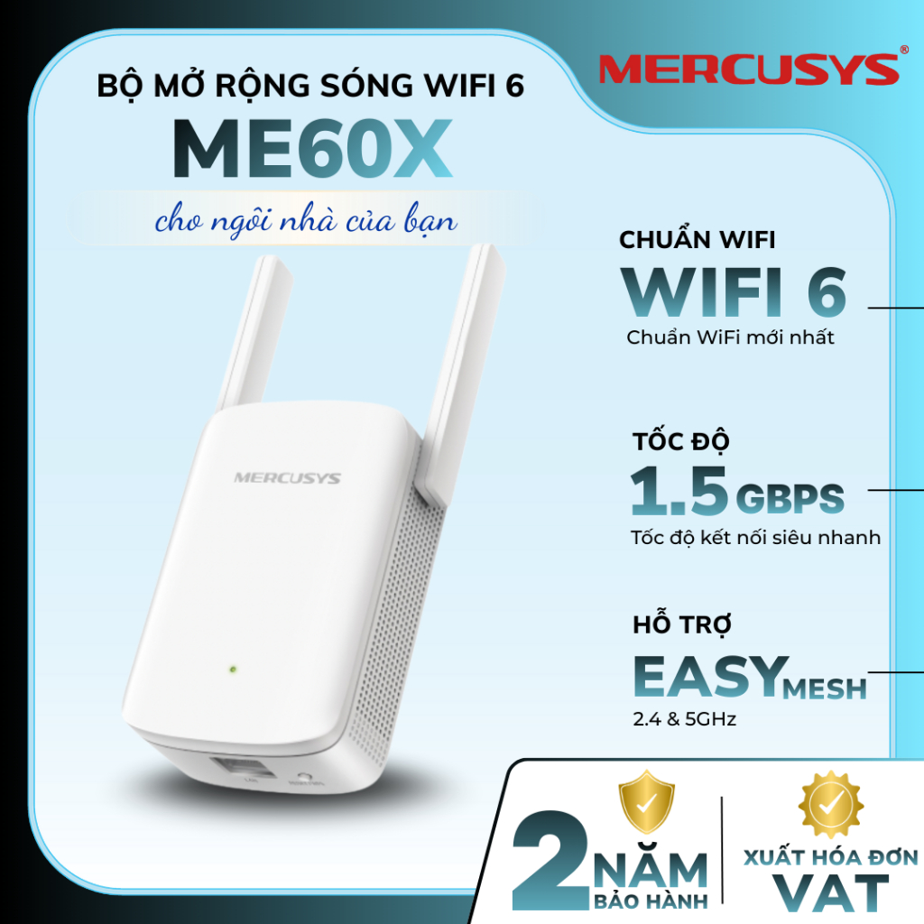 [Giá xả kho] Bộ Mở Rộng Sóng WiFi 6 Mercusys ME60X | Băng tần kép, Tốc độ 1.5Gbps, Phủ sóng rộng