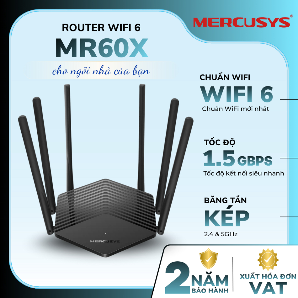 [Xả kho] Router WiFi 6 Mercusys MR60X - Chuẩn AX1500, Phủ sóng rộng, Tốc độ 1500Mbps, Băng tần kép