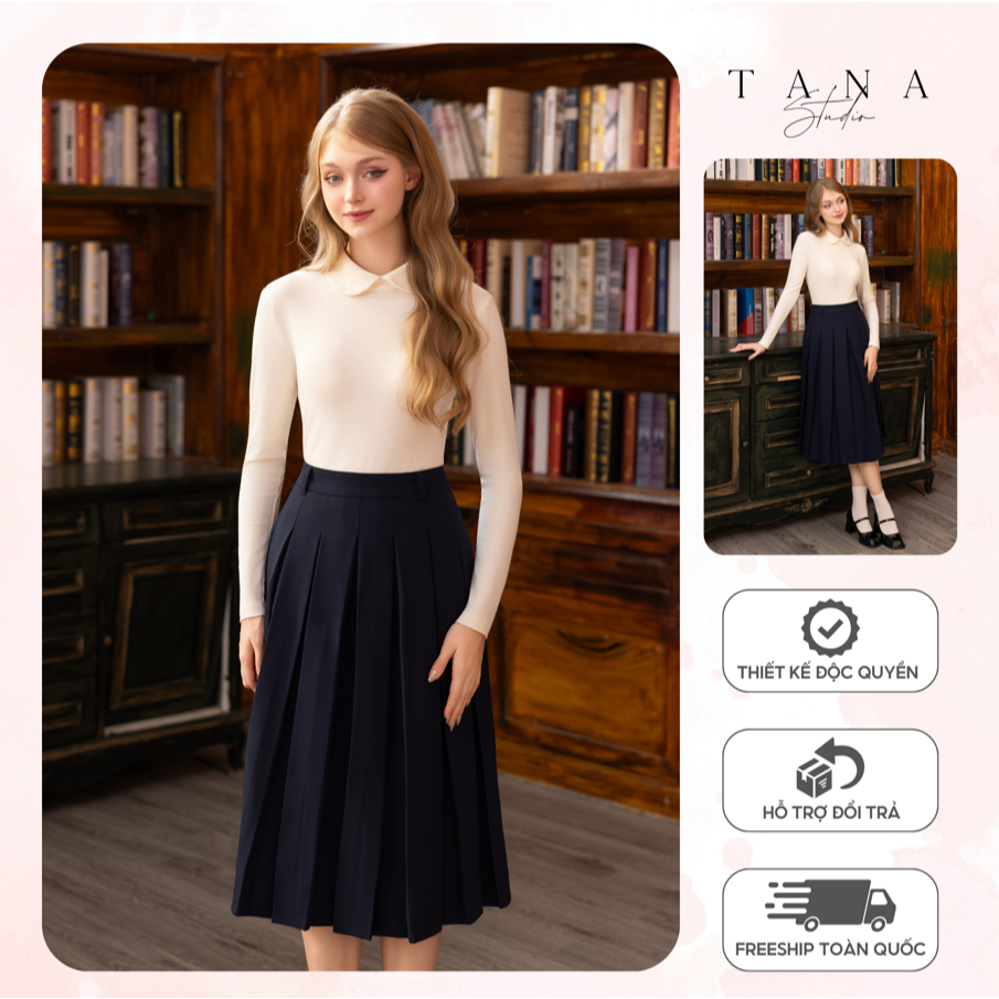 Set áo thun giữ nhiệt cổ sen siêu co giãn 4 chiều màu be, phối chân váy Keva dài thanh lịch, nữ tính – TANA STUDIO