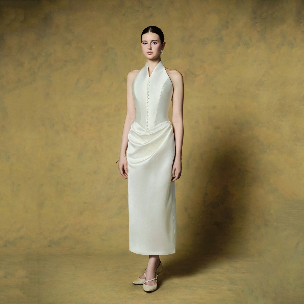 MAVEN - Váy trắng dài cổ yếm nút bọc Ivana Dress