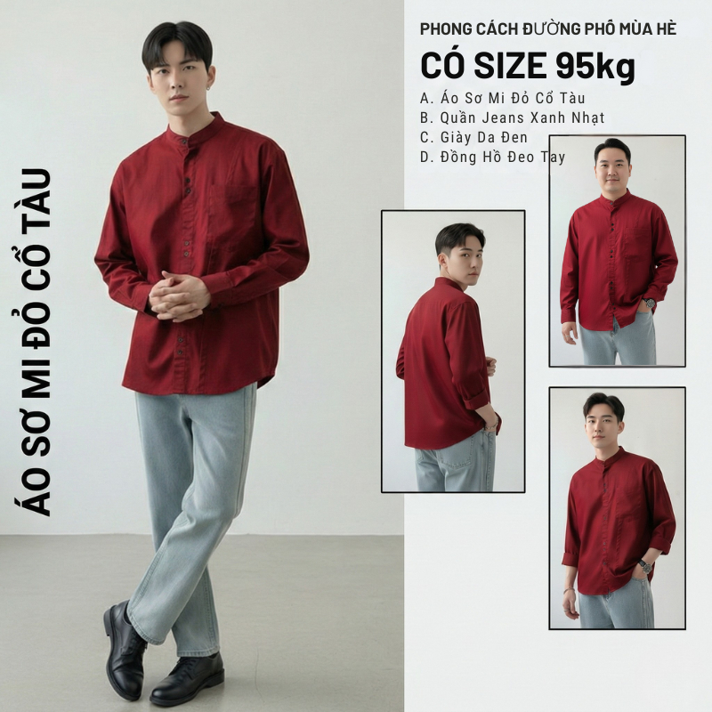 Áo sơ mi nam tay dài màu đỏ LẠC LẠC OFFICIAL , sơ mi outfit nam mặc noel , mặc tết