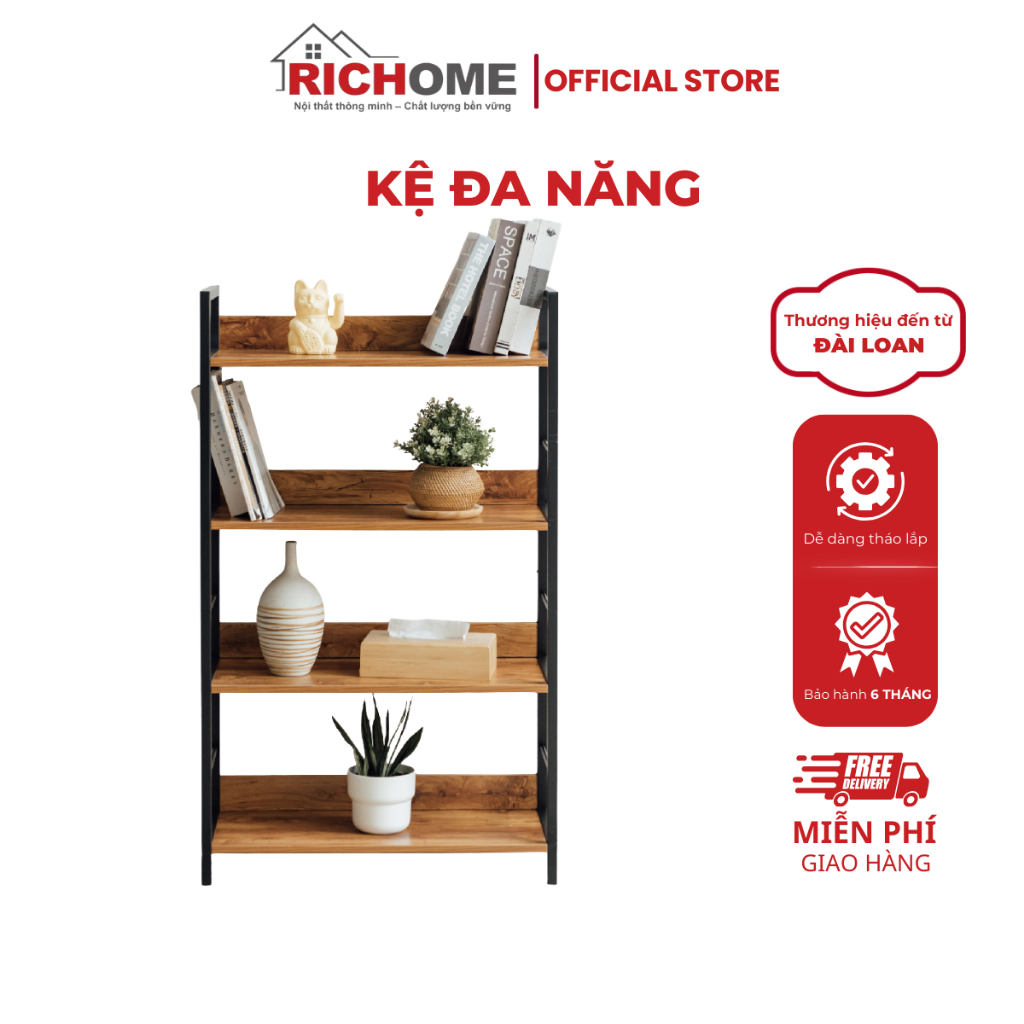 Kệ để đồ đa năng 4 tầng, Kệ trưng bày RICHOME SH517-1 ván gỗ phủ melamin cao cấp tiêu chuẩn Đài Loan