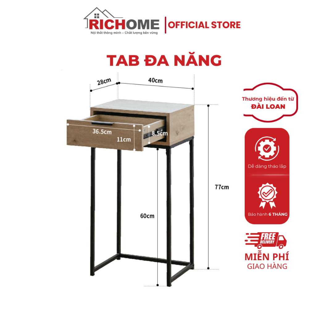 Tab đầu giường, bàn làm việc, bàn cạnh giường. Khung sắt chắc chắn RICHOME DR265, thiết kế hiện đại,
