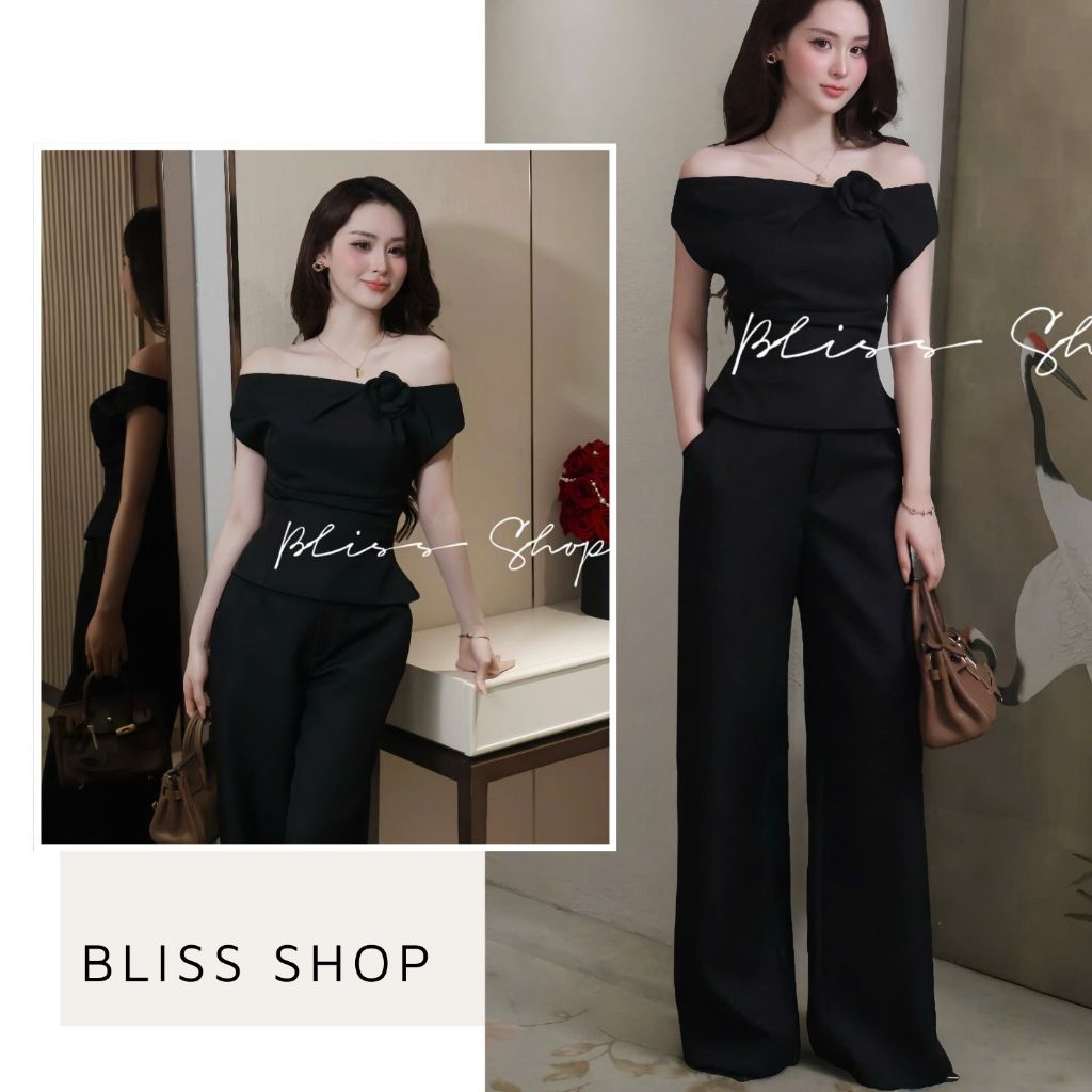 [Thiết Kế Cao Cấp] Set Áo Trễ Vai Đính Hoa Phối Quần Dáng Suông Tôn Dáng Thanh Lịch Bliss Shop - S38