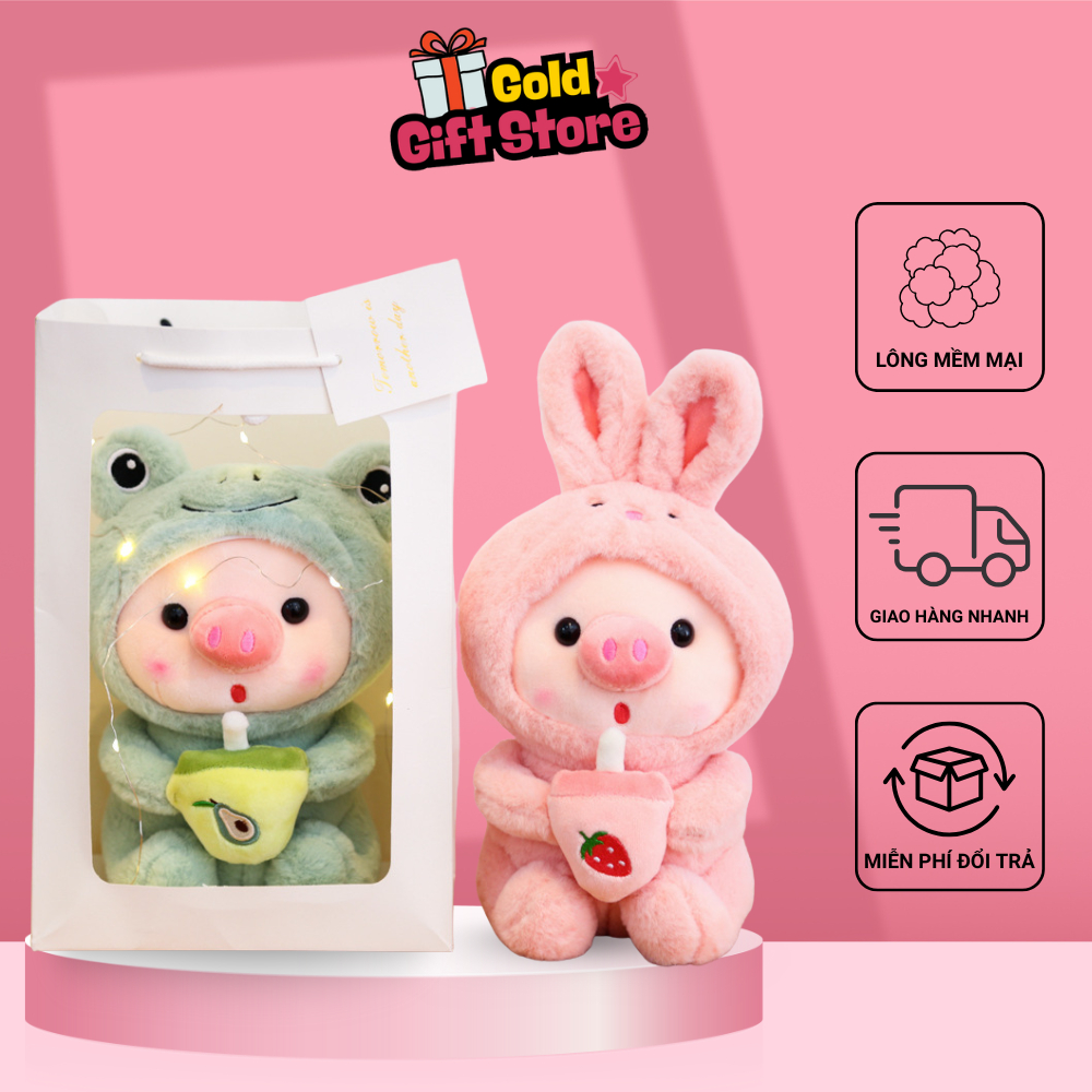 Gấu Bông Bé Heo Ôm Ly Trà Sữa Gold Gift Store Siêu Cute 25cm – Cosplay Thỏ Hồng & Ếch Xanh