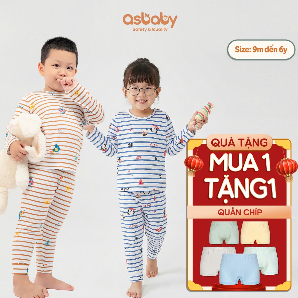 Bộ dài tay cho bé Asbaby hoạ tiết Noel vải petit cotton rayon cho bé 9 tháng đến 6 tuổi