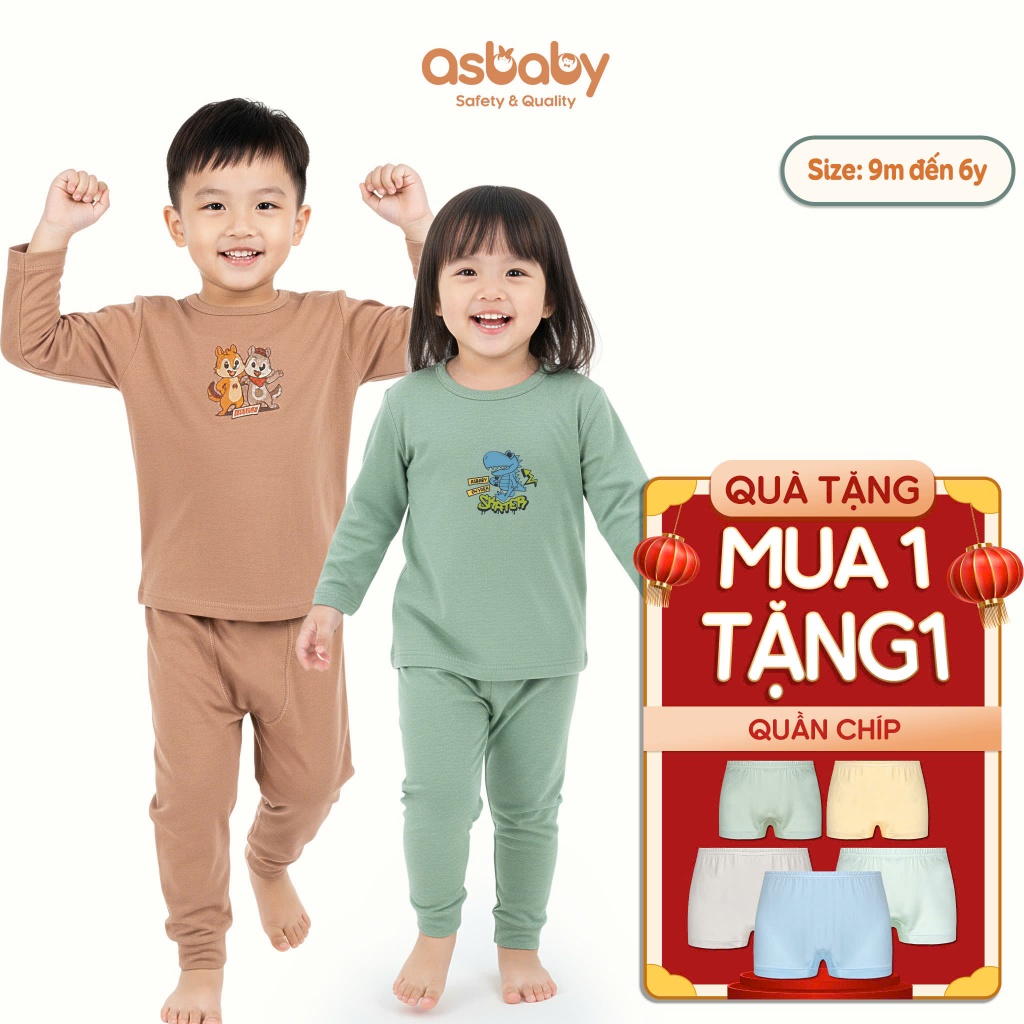 Bộ dài tay cài vai ASBABY vải petit cotton rayon in hình cho bé trai,gái 9 tháng-6 tuổi
