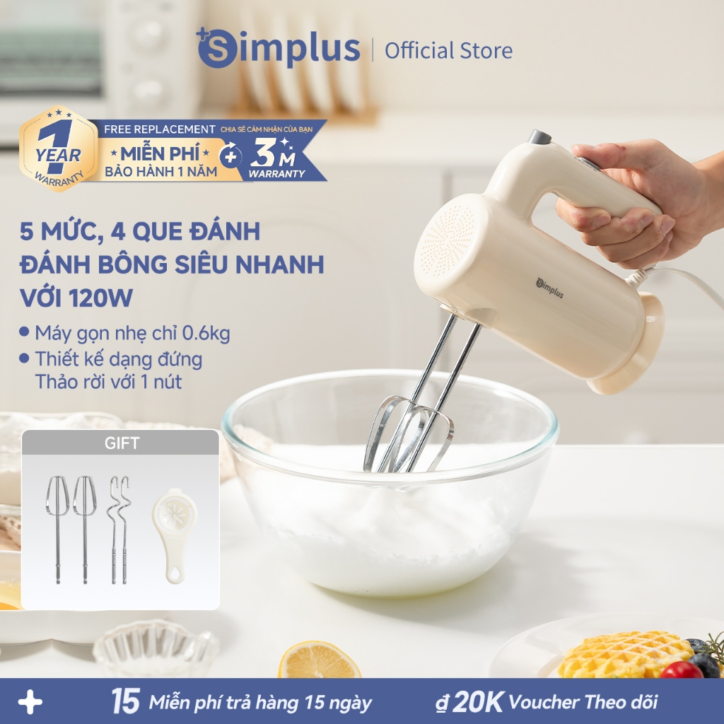 Simplus Máy đánh trứng đa năng Cầm tay gọn nhẹ Máy đánh bông kem Máy trộn bột Dụng cụ làm bánh tại nhà DADQ001
