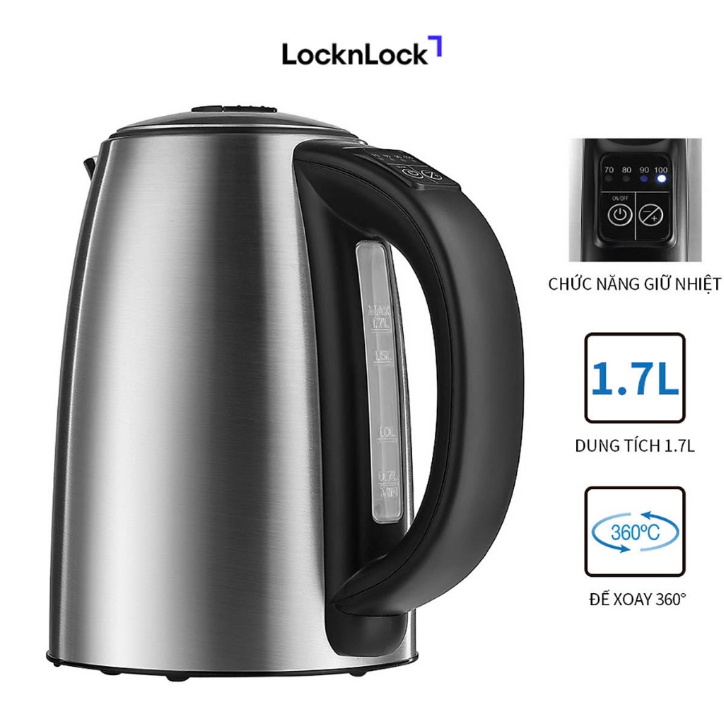 Ấm đun siêu tốc LocknLock dung tích 1.7L chọn nhiệt độ sôi, giữ nhiệt EJK136SLV – Chính Hãng