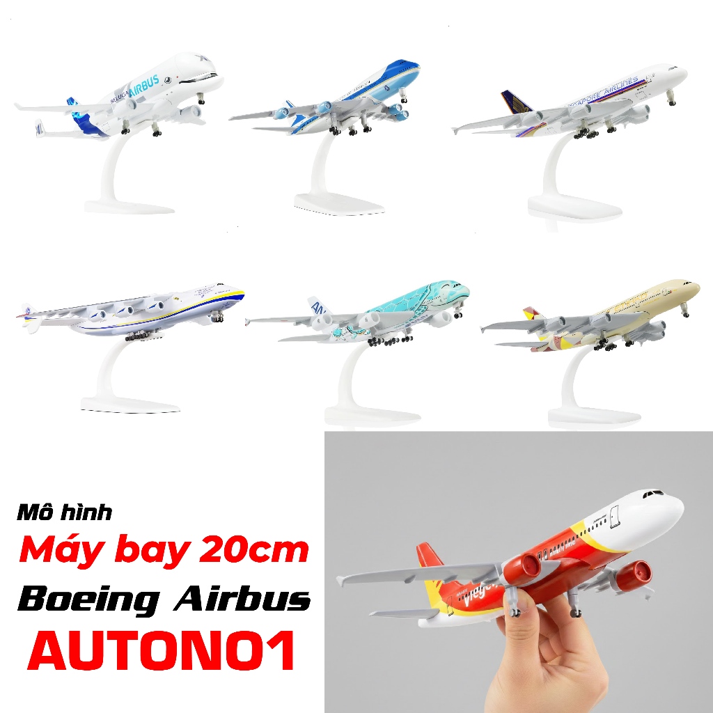 Mô hình máy bay 20cm thân kim loại có bánh xe và đế tháo rời các dòng Boeing Airbus nhiều hãng