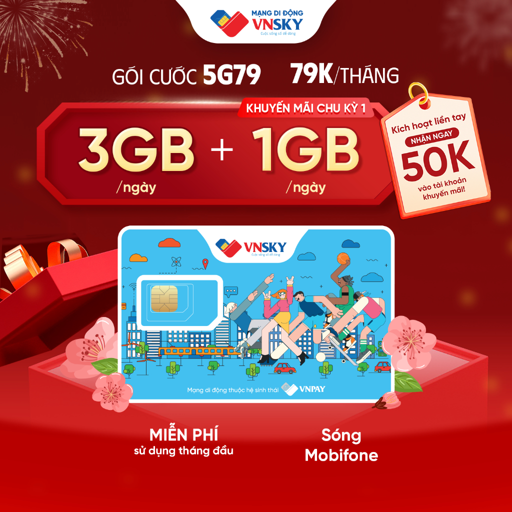 5G79 - Sim data 4G/5G VNSKY gói 5G79 (4GB/ngày) 120GB/tháng sóng Mobifone + Tặng data tháng đầu + Gia hạn siêu rẻ