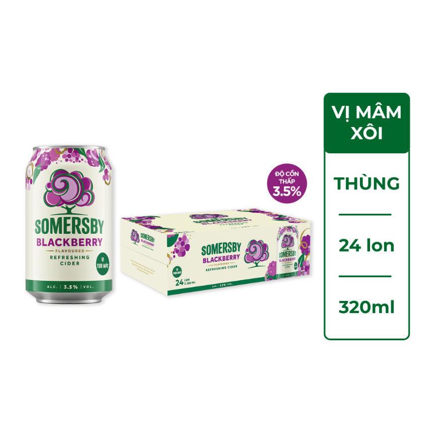 Thùng 24 lon Nước táo lên men Somersby vị Mâm Xôi (320ml/lon) - Độ cồn 3.5%