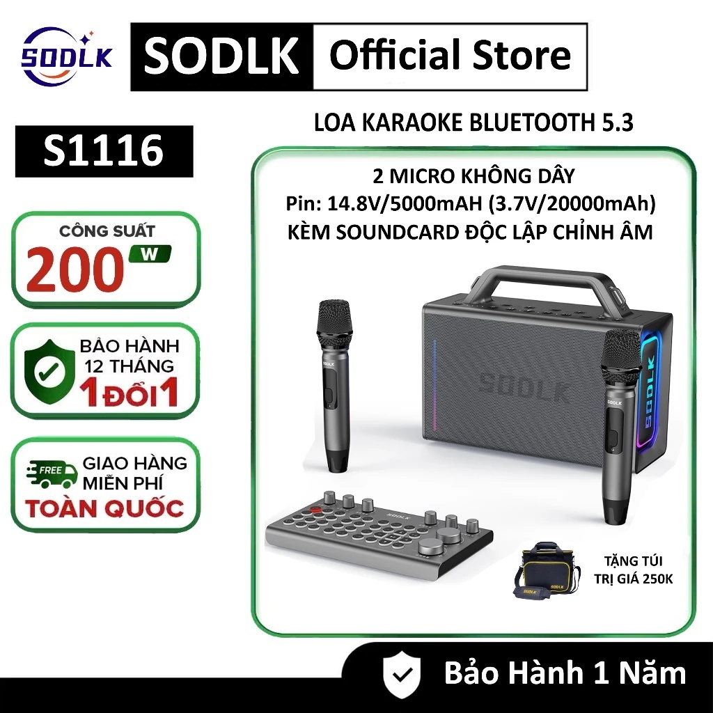 Loa Karaoke di động SODLK S1116 Kèm Bộ Soundcard | Pin 12000mAh | Bluetooth 5.3 | Hàng Chính hãng Pi