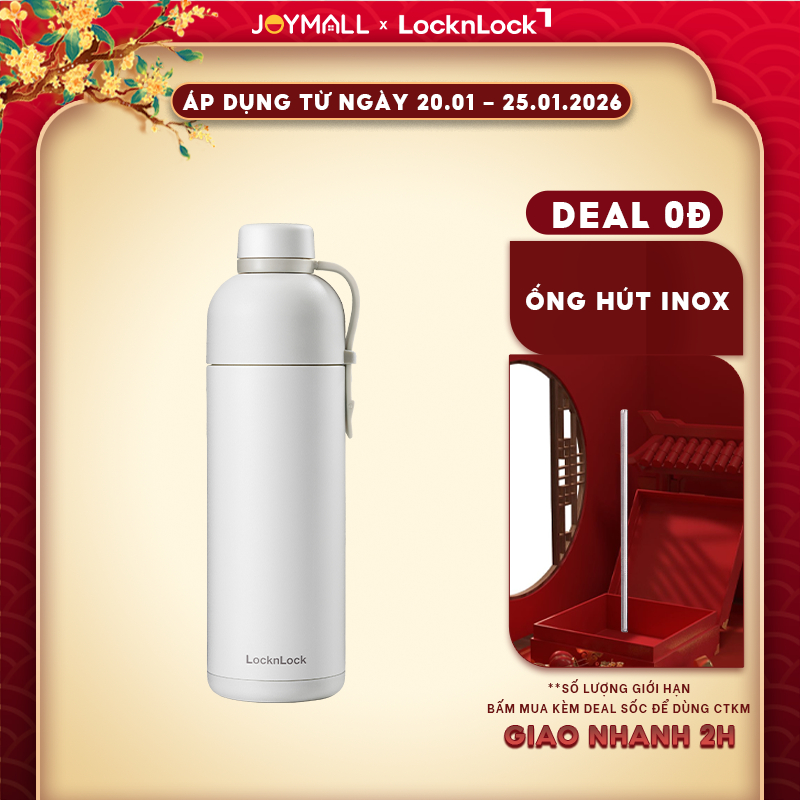 Bình giữ nhiệt LocknLock Belt Bottle Ngà LHC4267IVY 490ml, Hàng chính hãng, có quai xách - JoyMall