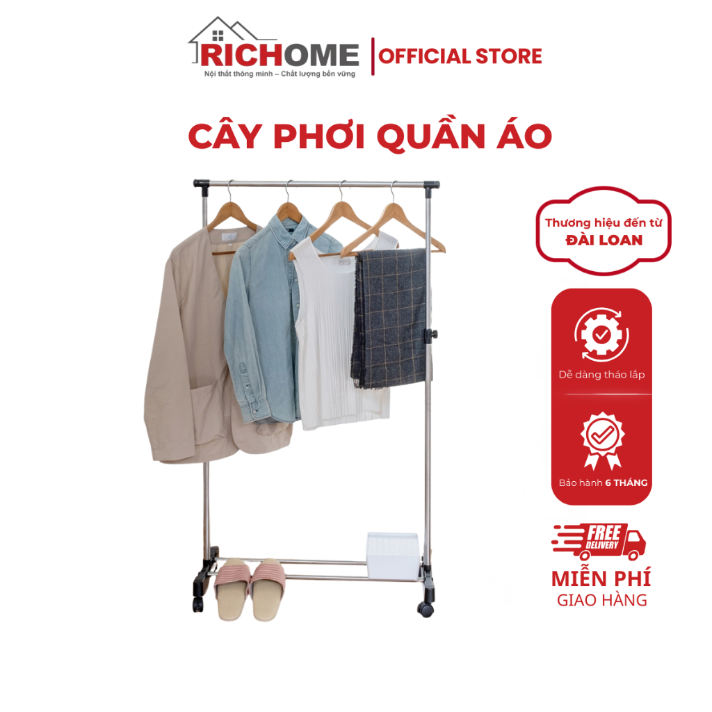 Cây treo quần áo RICHOME HA143, giá phơi đồ, xào phơi quần áo, chất liệu khung thép không rỉ cao cấp