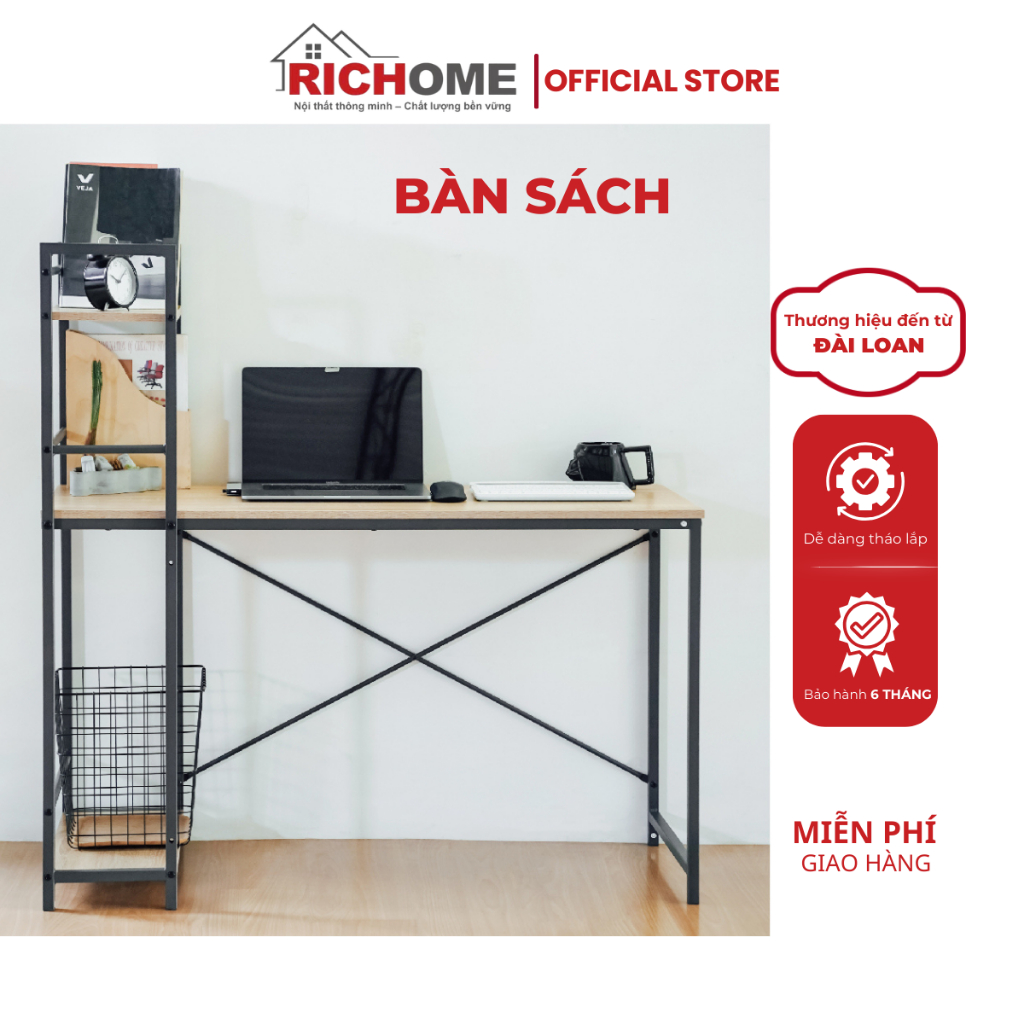 Bàn làm việc, bàn văn phòng kèm kệ đa năng RICHOME DE203GR. Ván MDF cao cấp, chống nước, chống xước