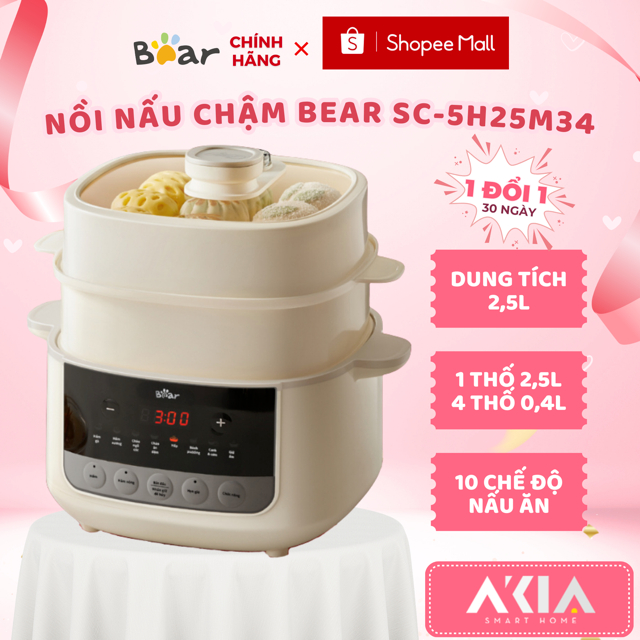 Nồi nấu chậm 2,5L Bear SC-5H25M34, kèm 1 thố lớn và 4 thố nhỏ, hẹn giờ, 7 chế độ nấu - BH 18 THÁNG