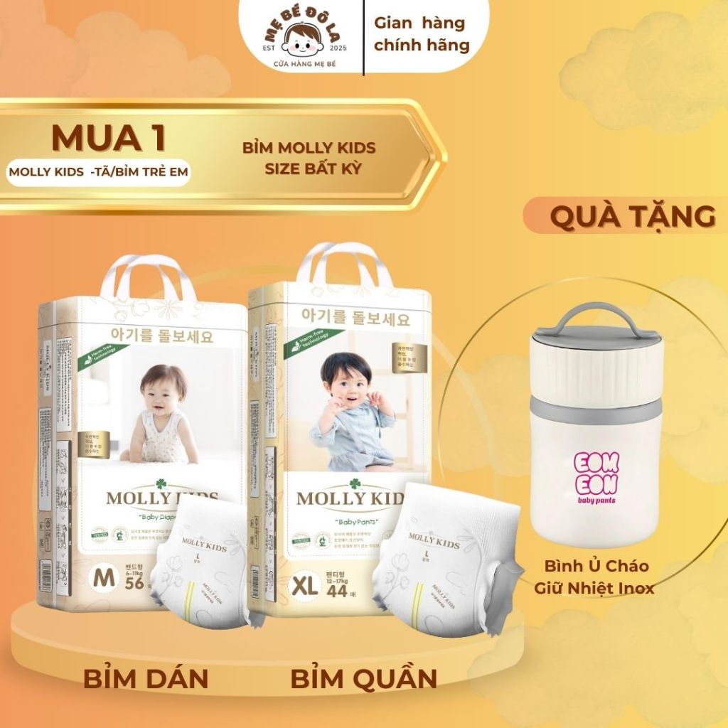 1 Bịch Bỉm Molly Kids - Tặng Bình Ủ Cháo Giữ Nhiệt Inox. Tã Bỉm Molly Kids Full Size NB-4XL