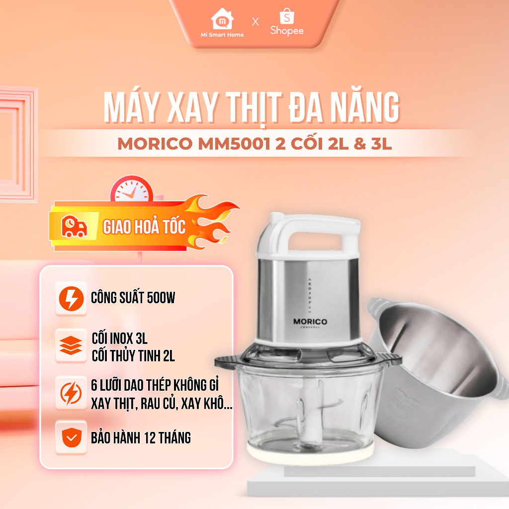 Máy Xay Thịt Đa Năng MORICO MM5001 | Công suất 500W | 2 Cối 2L & 3L, 2 Bộ Lưỡi Dao Inox, Xay Mịn Nhanh Chóng