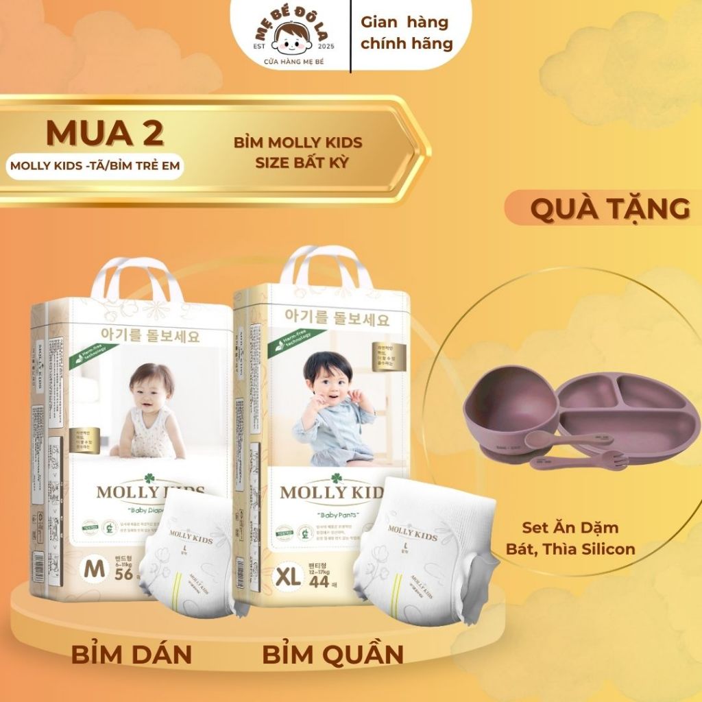 2 Bịch Bỉm Molly Kids - Tặng Set Ăn Dặm Silicon Cho Bé. Tã Bỉm Molly Kids Full Size NB-4XL