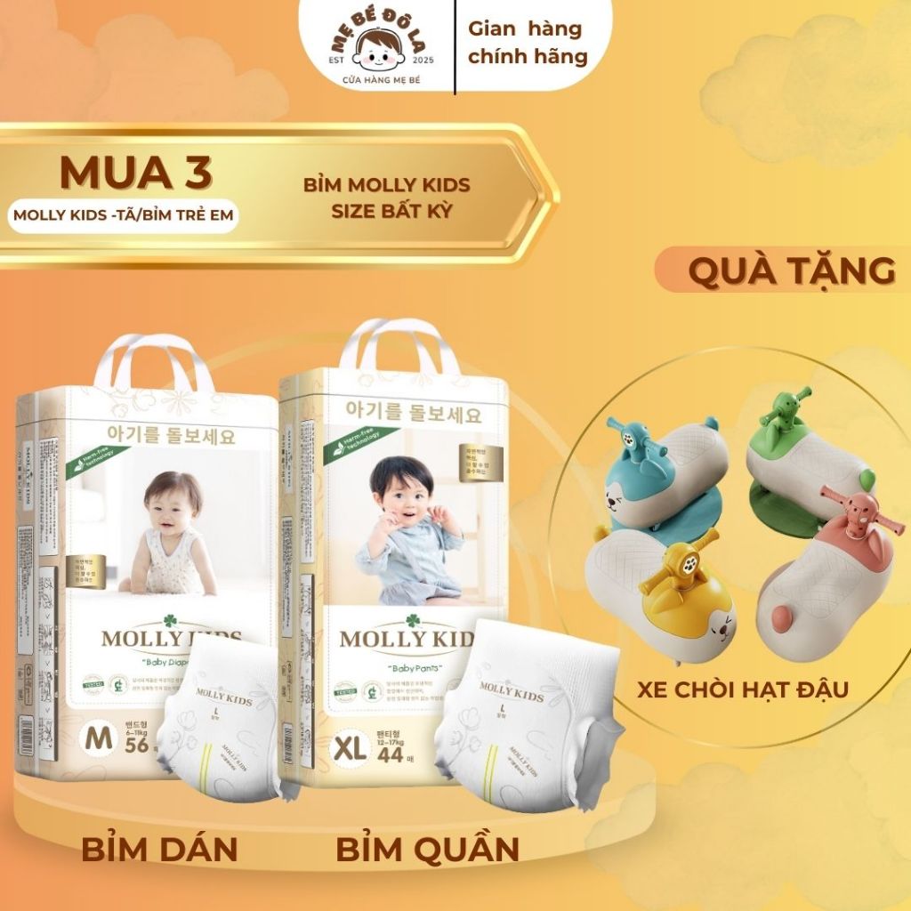 3 Bịch Bỉm Molly Kids - Tặng Xe Chòi Chân Hạt Đậu Cho Bé. Tã Bỉm Molly Kids Full Size NB-4XL
