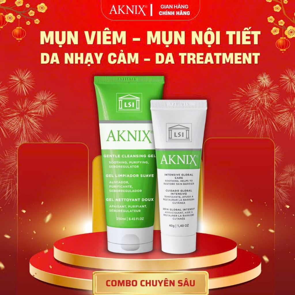 Combo Kem Mụn Aknix Global 40g, Sữa Rửa Mặt Aknix Gentle 100ml, 250ml Cho Da Nhạy Cảm, Mụn Viêm, Mụn