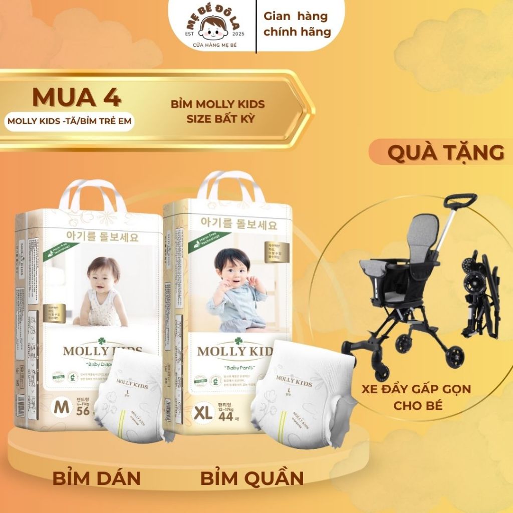 4 Bịch Bỉm Molly Kids - Tặng Xe Đẩy Gấp Gọn Cho Bé . Tã Bỉm Molly Kids Full Size NB-4XL