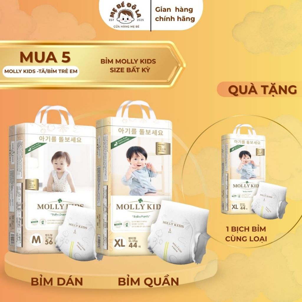 5 Bịch Bỉm Molly Kids - Tặng 1 Bịch Molly Kids Cùng Loại . Tã Bỉm Molly Kids Full Size NB-4XL