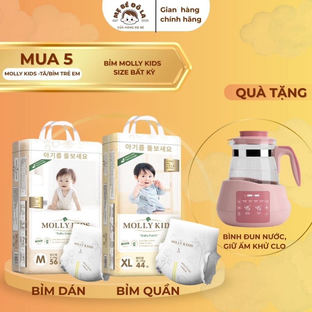 5 Bịch Bỉm Molly Kids - Tặng Bình Đun Nước Giữ Ấm Khử Clo . Tã Bỉm Molly Kids Full Size NB-4XL