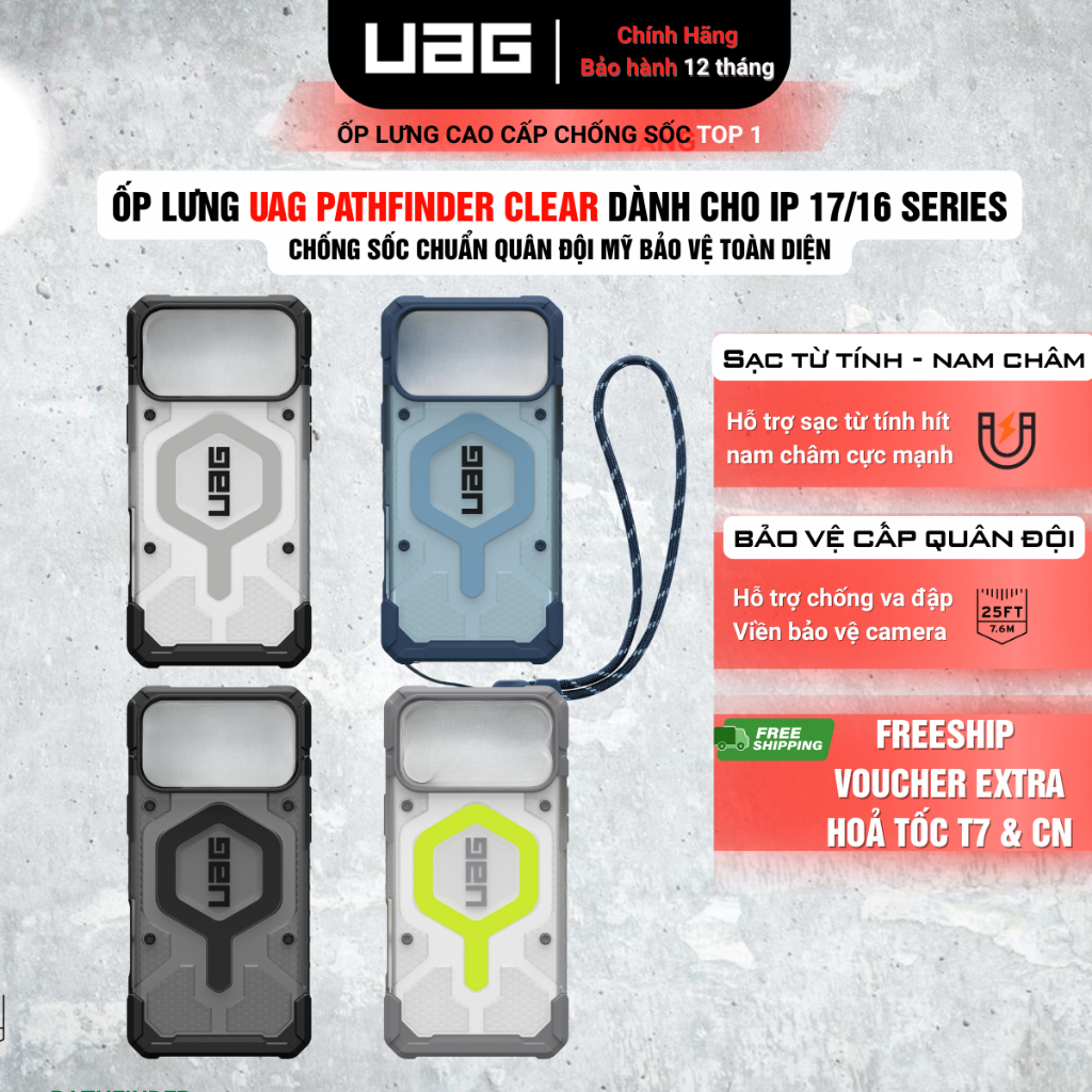 Ốp Lưng UAG Pathfinder Clear Sạc Từ Tính – Chống Sốc Chuẩn Quân Đội lên tới 4.8m Dành Cho iPhone 17/