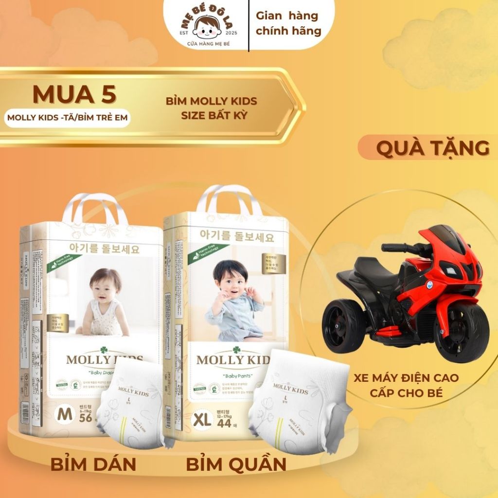 5 Bịch Bỉm Molly Kids - Tặng Xe Máy Điện Cao Cấp . Tã Bỉm Molly Kids Full Size NB-4XL